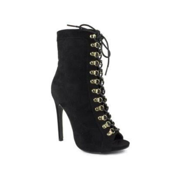 WILD DIVA FAUX SUEDE LICITE HEEL PEEP TOE LACE-UP FRONT BOOTIE - Picture 14 of 14